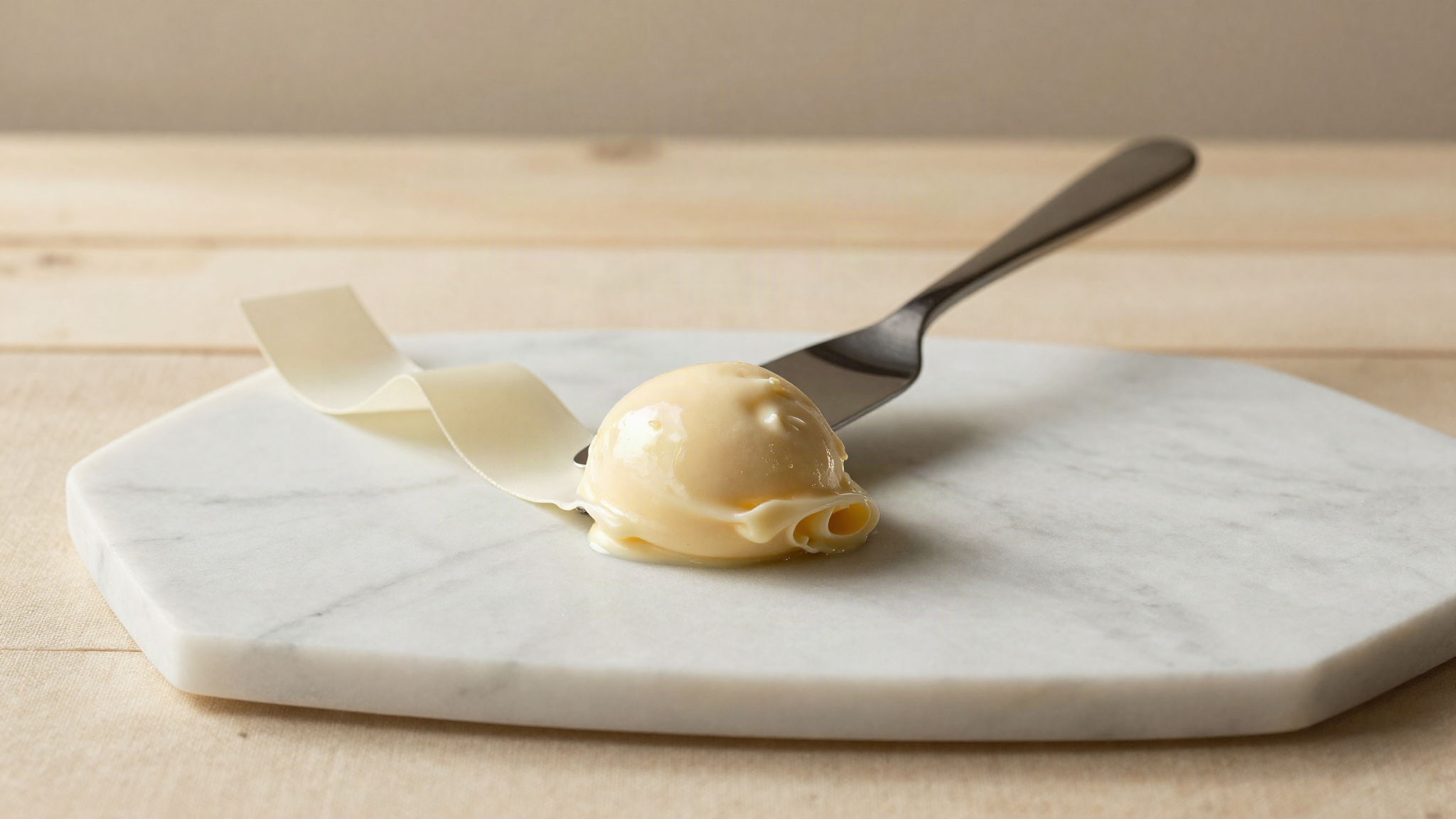A glossy ribbon of gelato curling off a steel spatula onto chilled marble