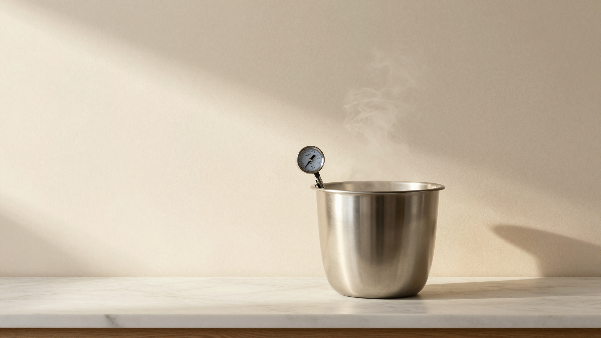 Hot custard base on a pasteurizer thermometer showing 85 °C target
