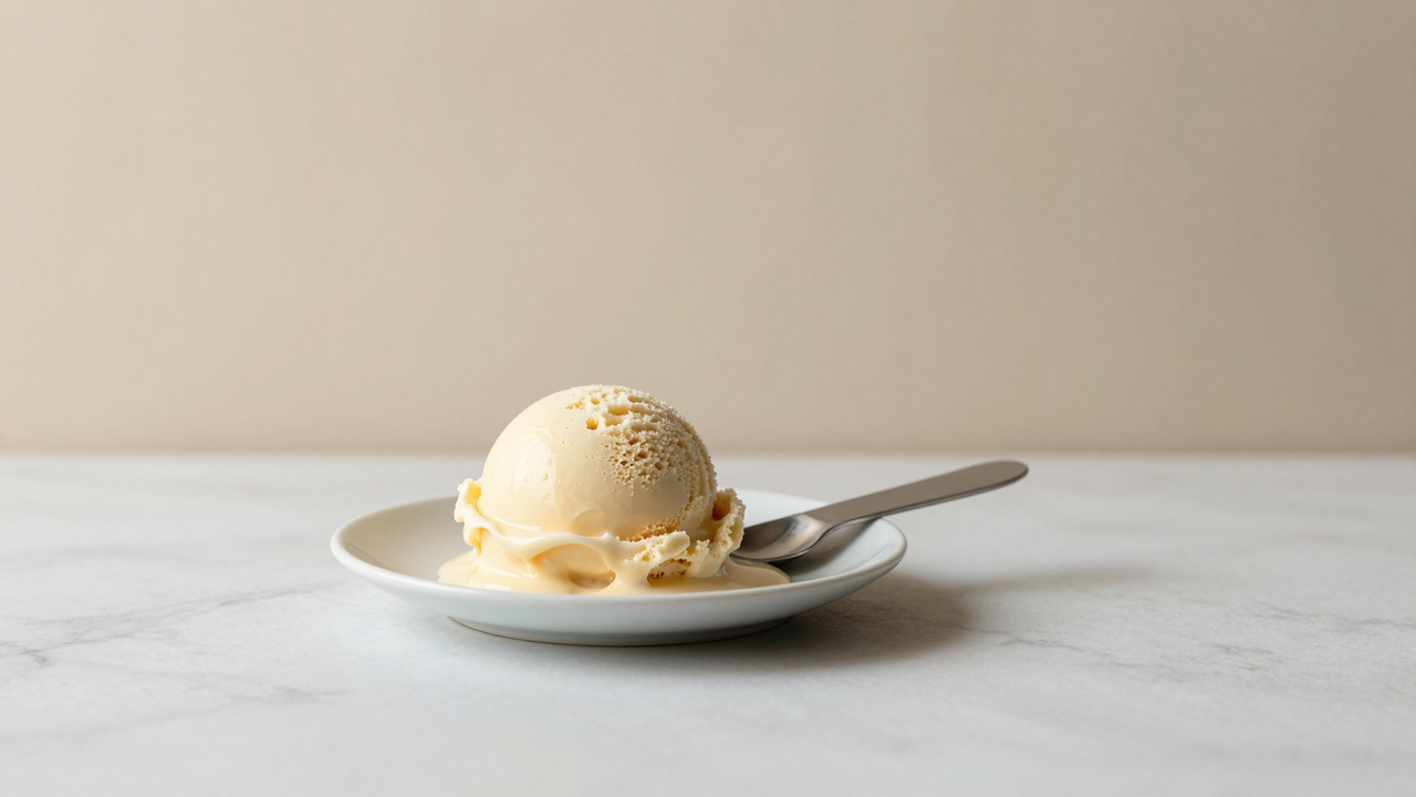 A scoop of gelato softening on a white ceramic plate with a spade nearby