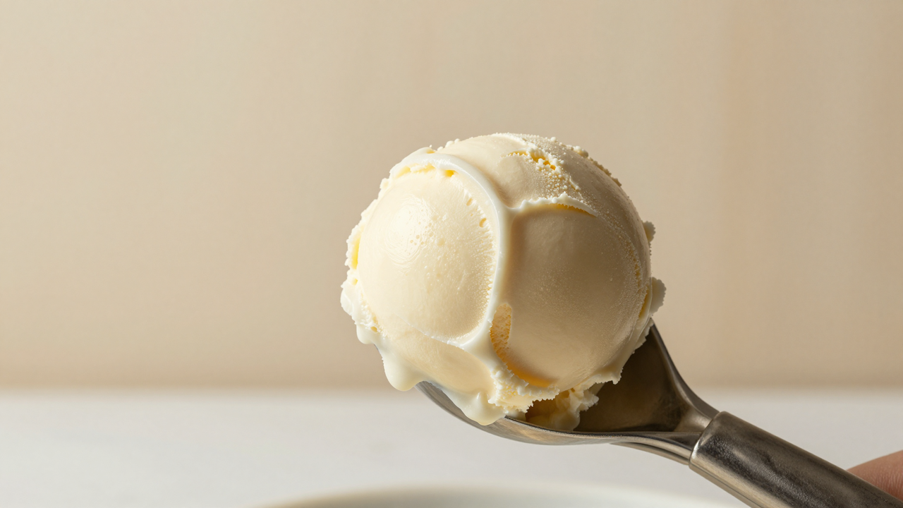 Macro of a stainless gelato spade lifting a dense scoop showing firm low-overrun body