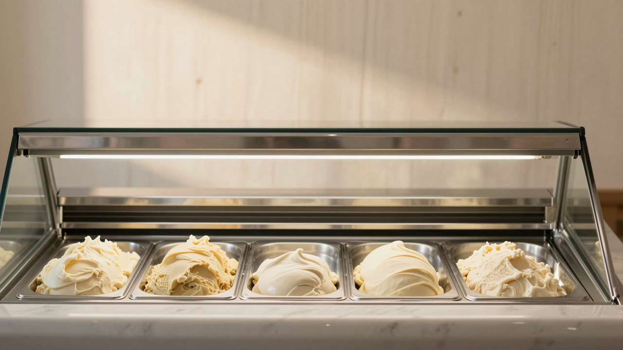 A stainless steel gelato display case with neat mounds at correct serving temperature