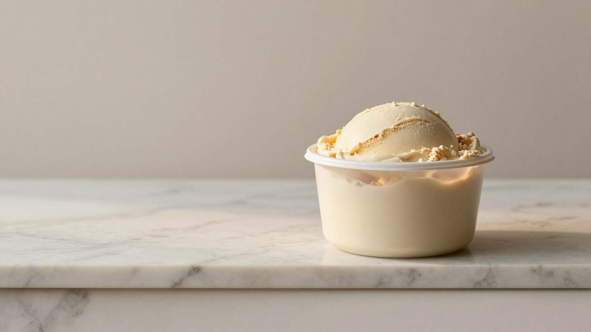 A tub of gelato that has pulled away from the container walls, seen from above