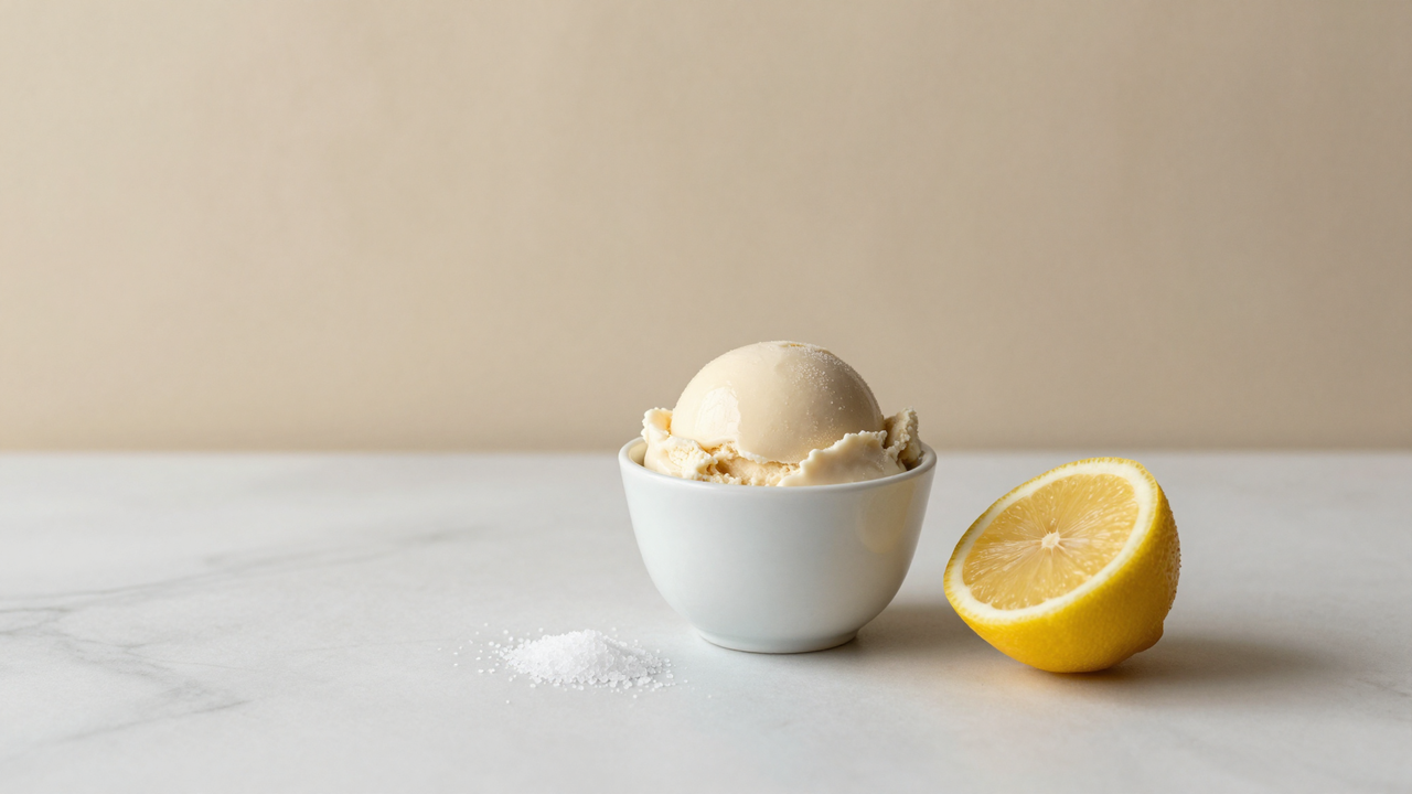 A cup of pale gelato on marble with salt, sugar and a halved lemon nearby