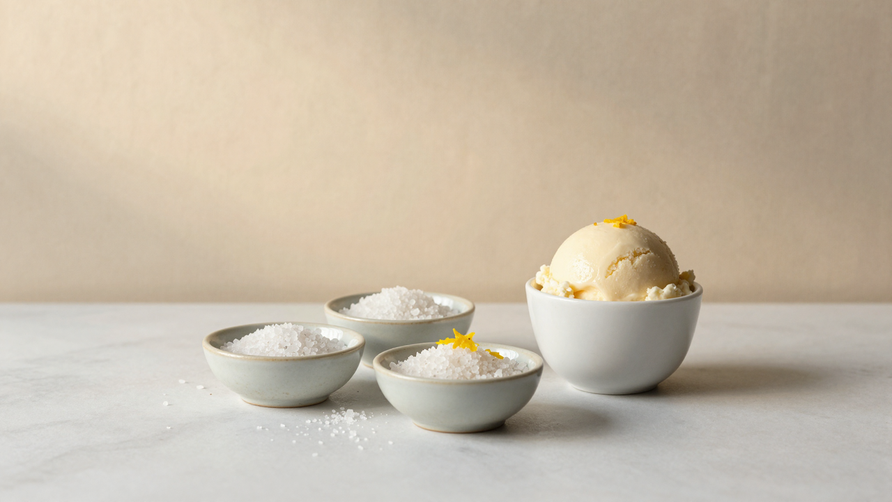 Small ceramic bowls of flaky salt, sugar and lemon zest beside a cup of pale gelato