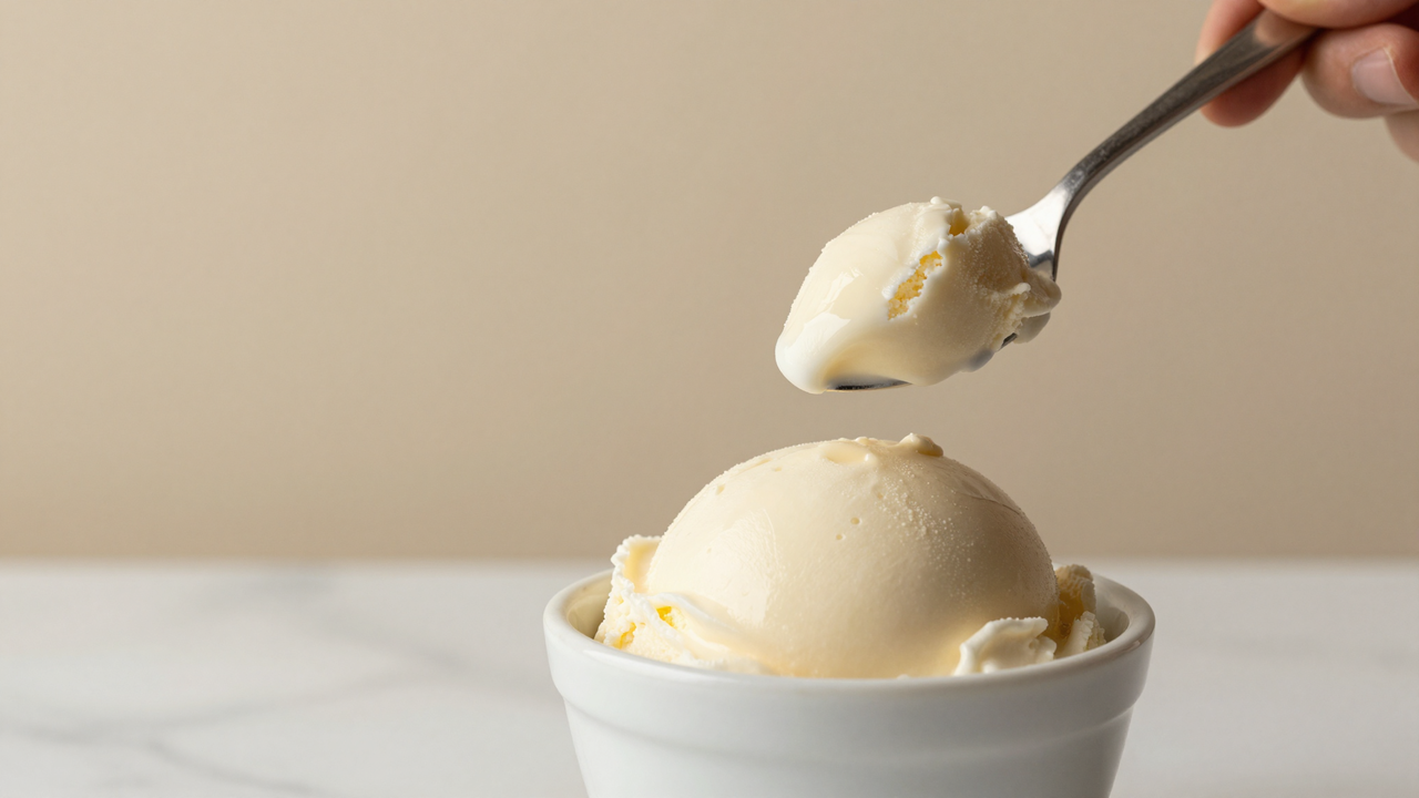 A tasting spoon lifting a smooth scoop of pale gelato from a white ceramic cup