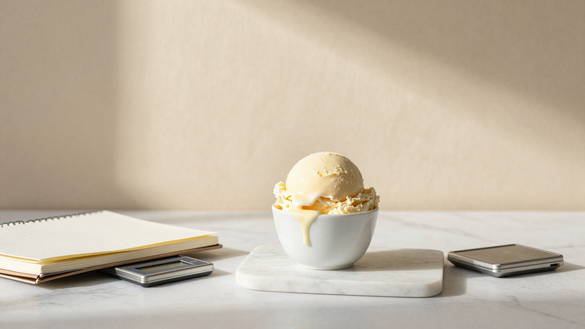 Slumped melted scoop of gelato in a small white ceramic cup on a marble counter beside a notebook