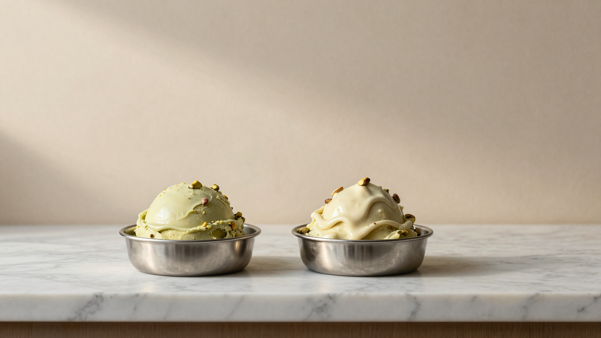 Two production tubs side by side, left holding a firm scoop, right slumping into a puddle