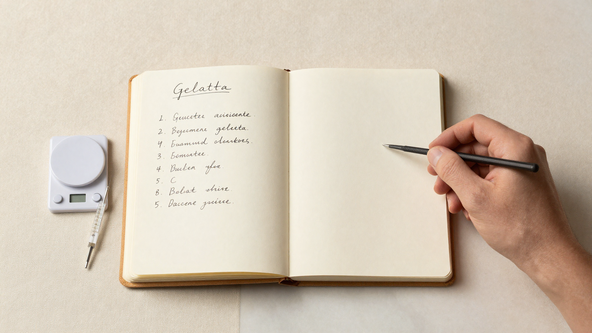 A hand-drawn diagnostic checklist on a notebook page beside a precision scale