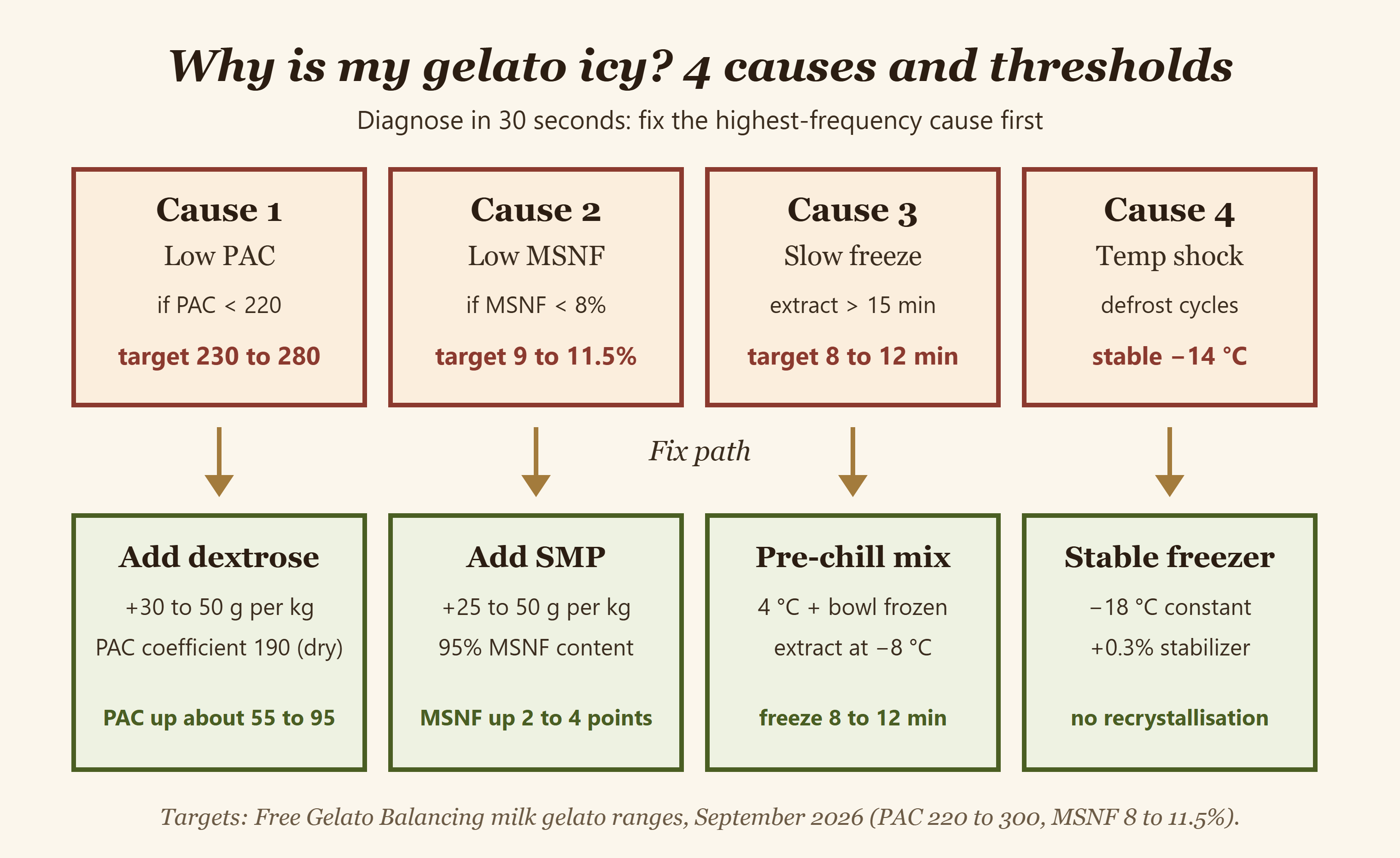 Diagnostic flowchart for icy gelato troubleshooting showing four causes with their PAC and MSNF thresholds