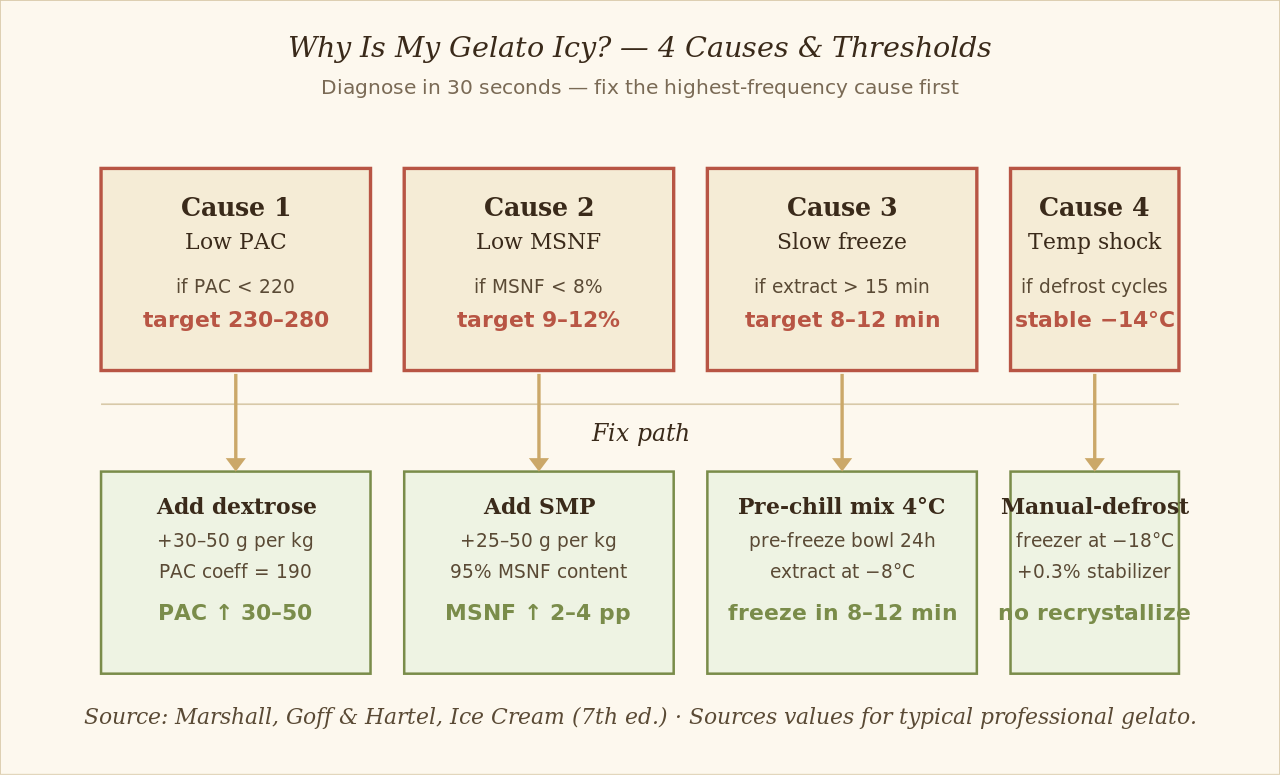 Diagnostic flowchart for icy gelato troubleshooting showing four causes with their PAC and MSNF thresholds