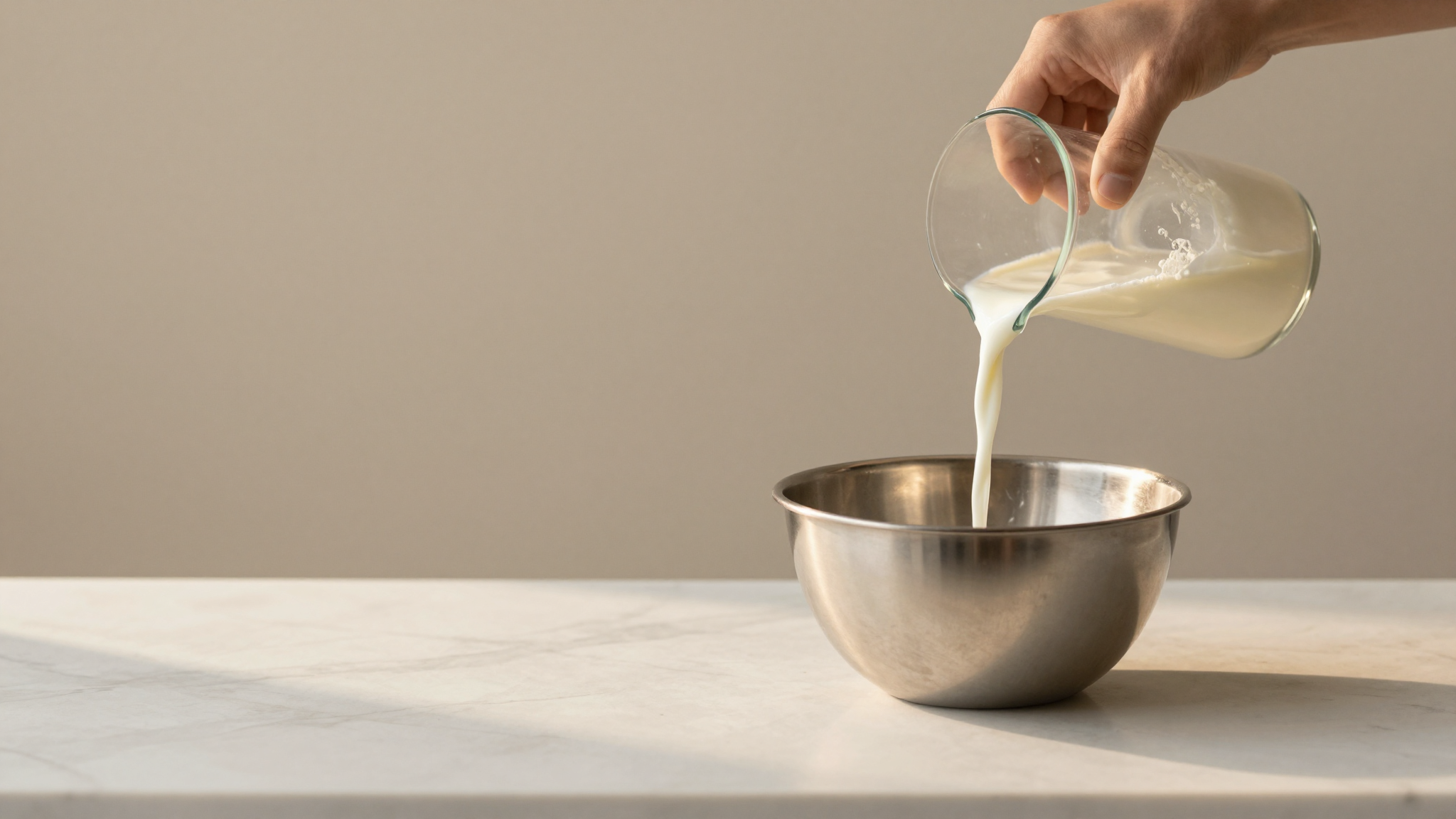 A glass beaker pours fresh milk into a stainless mixing bowl on white marble — the start of a properly balanced base