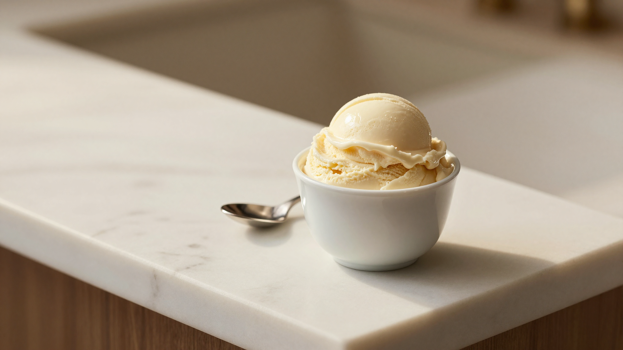 Smooth glossy italian gelato in a white ceramic cup with a clean scoop curl on top, the perfect texture solution