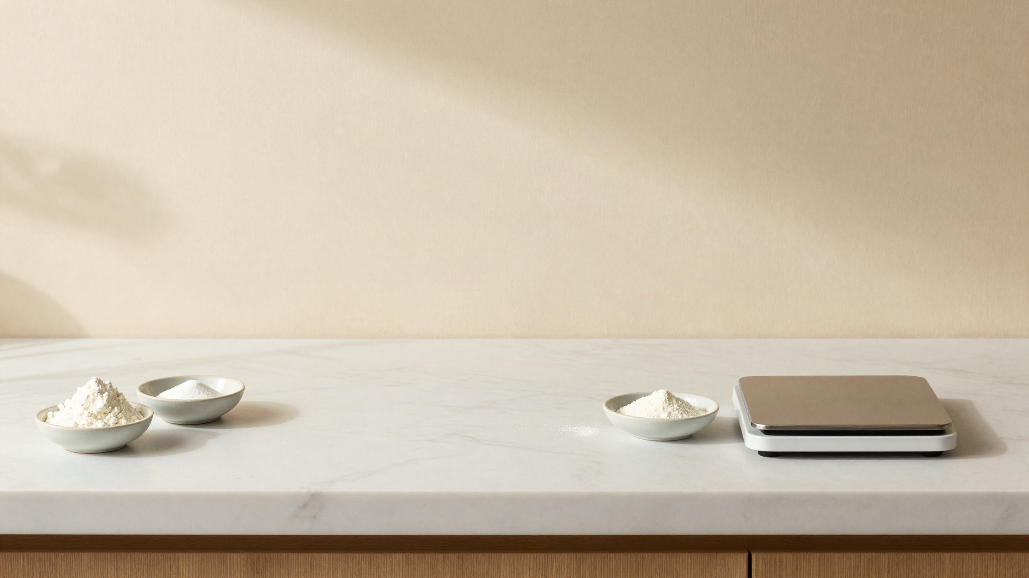 Small digital scale on a marble counter with skim milk powder and stabiliser in tiny dishes