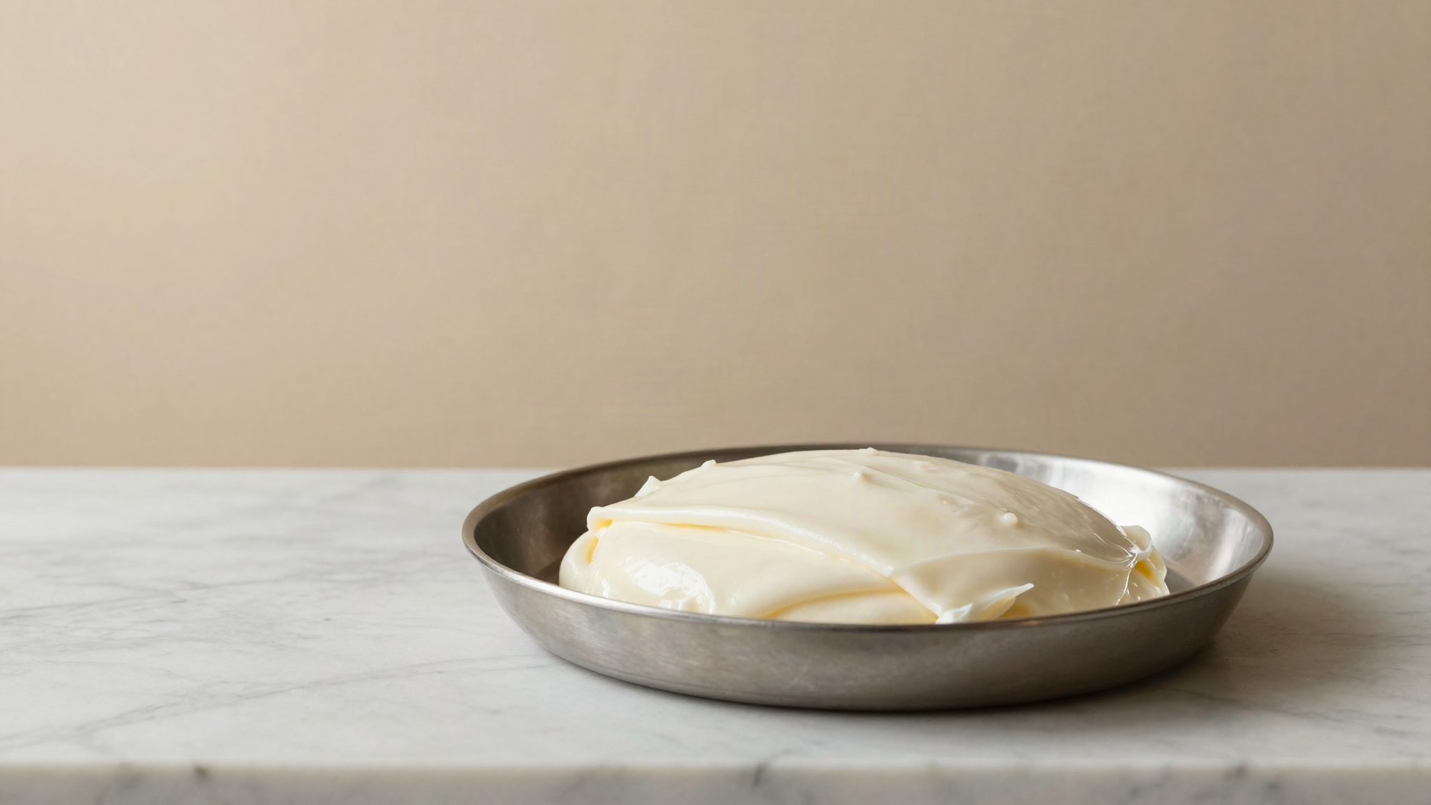 Smooth glossy ribbon of dense white gelato folded in a stainless steel pan on marble