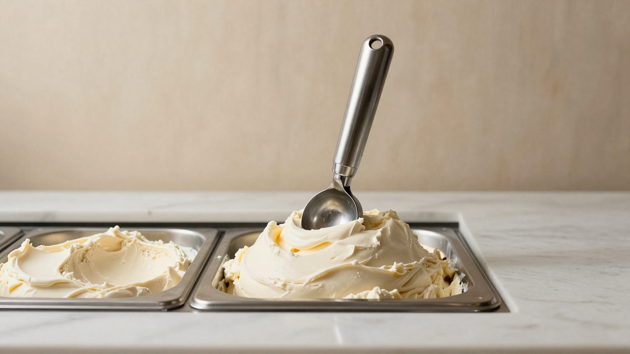 A stainless steel scoop pressing hard against frozen pale gelato that looks dense and rigid in a display tray
