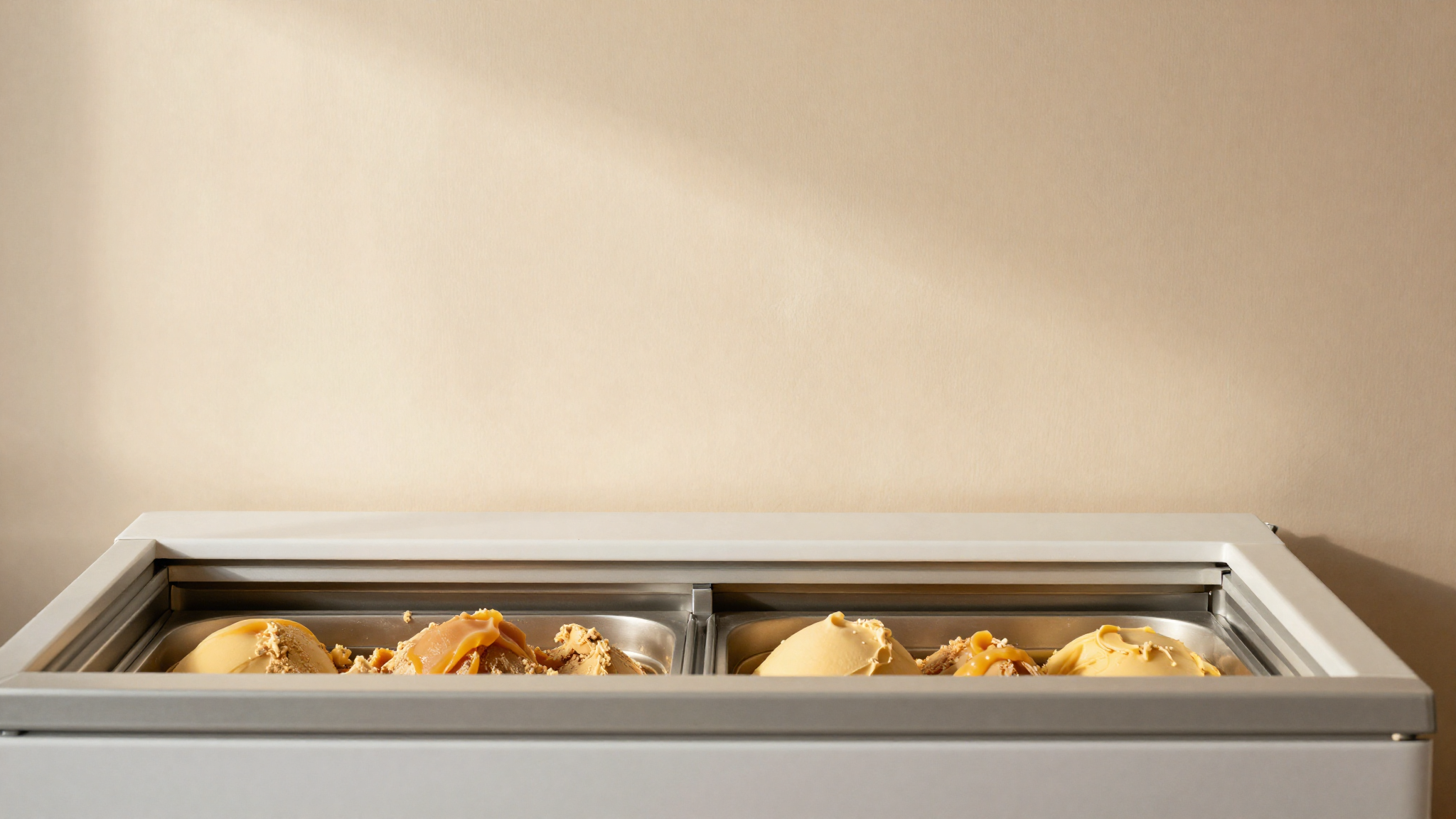 A chest freezer in a small italian gelato lab with a single pozzetto of frozen caramel gelato that looks compact and very cold