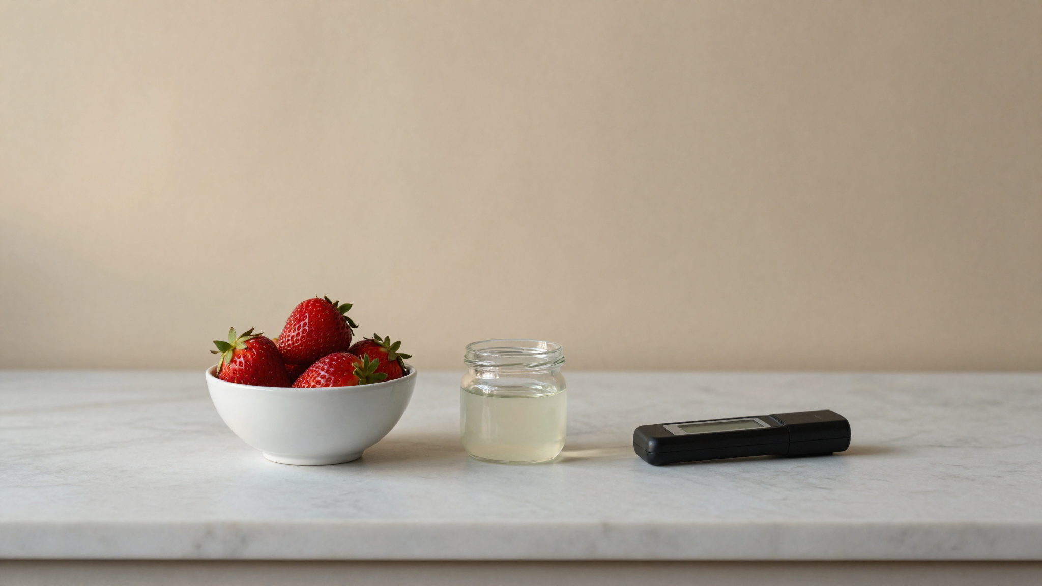 A bowl of ripe strawberries beside a jar of sugar syrup and a refractometer on marble