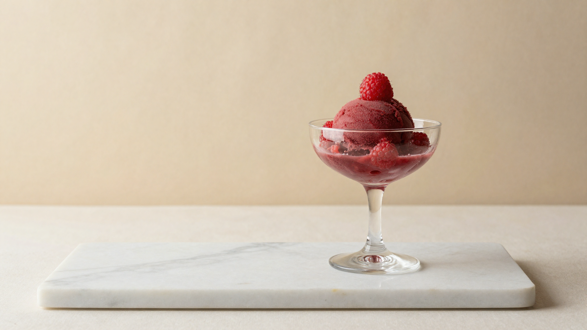 A silky smooth raspberry sorbet scoop in a chilled coupe on marble