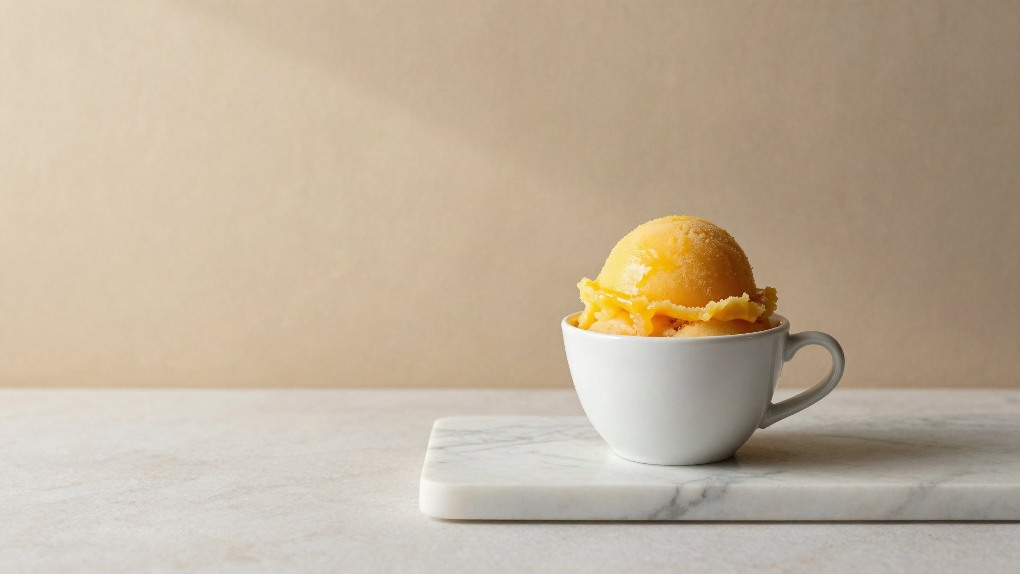 Scoop of bright fruit sorbetto slumping slightly in a small white ceramic cup on marble