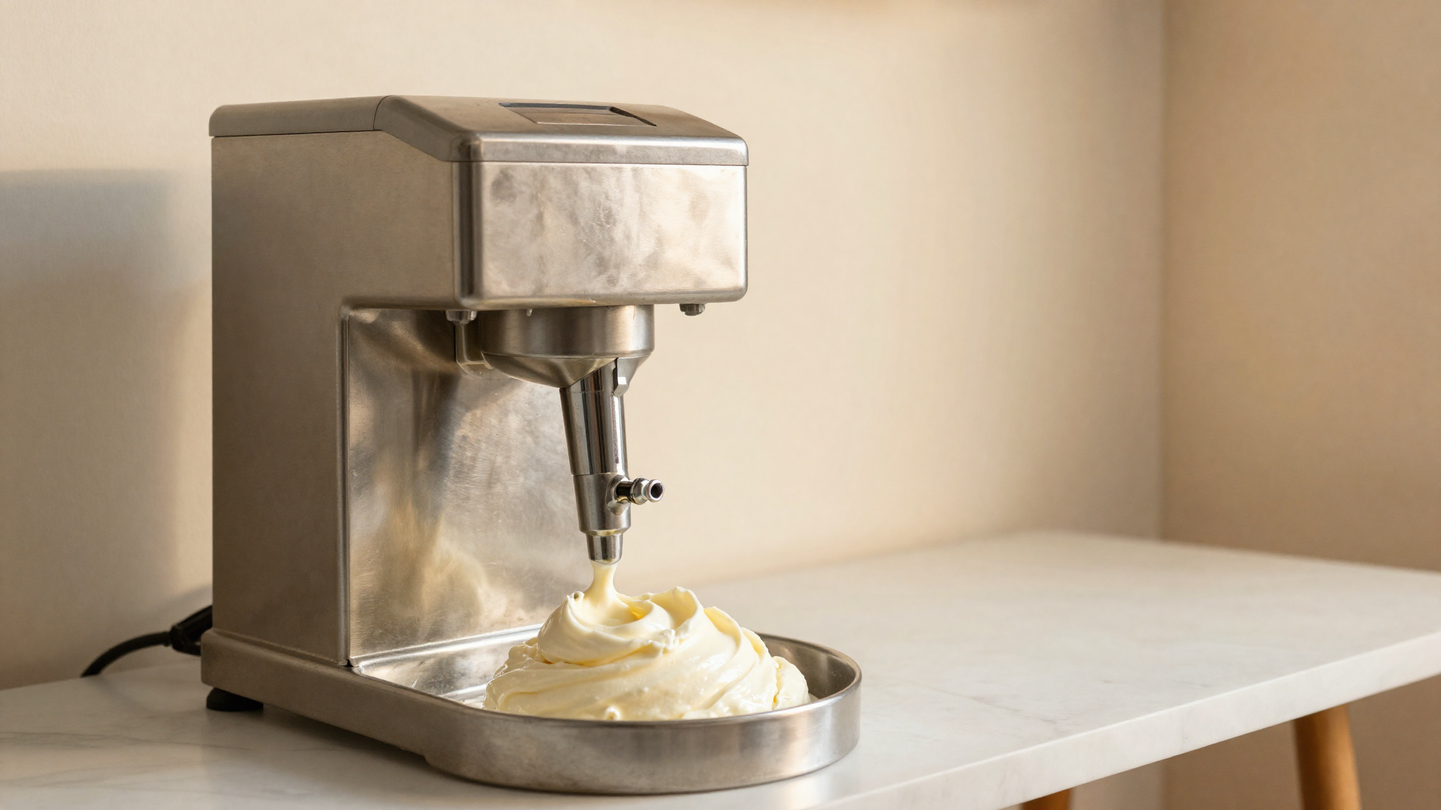 Professional stainless steel gelato mantecatore churner with small dish of yogurt gelato mix at the spigot in italian gelato lab
