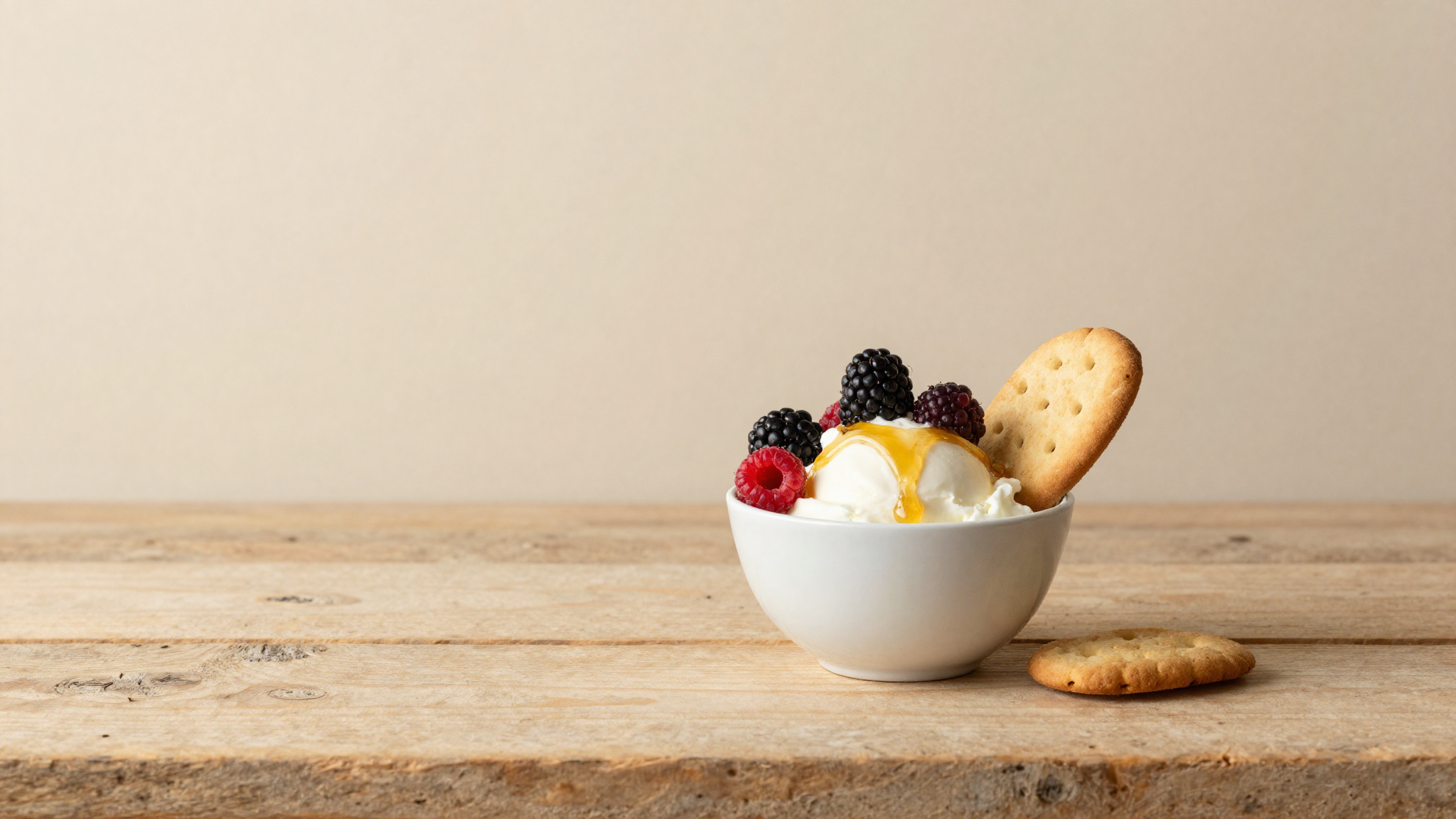 Yogurt gelato in white ceramic cup with honey drizzle blackberries raspberries and shortbread cookie on aged wood