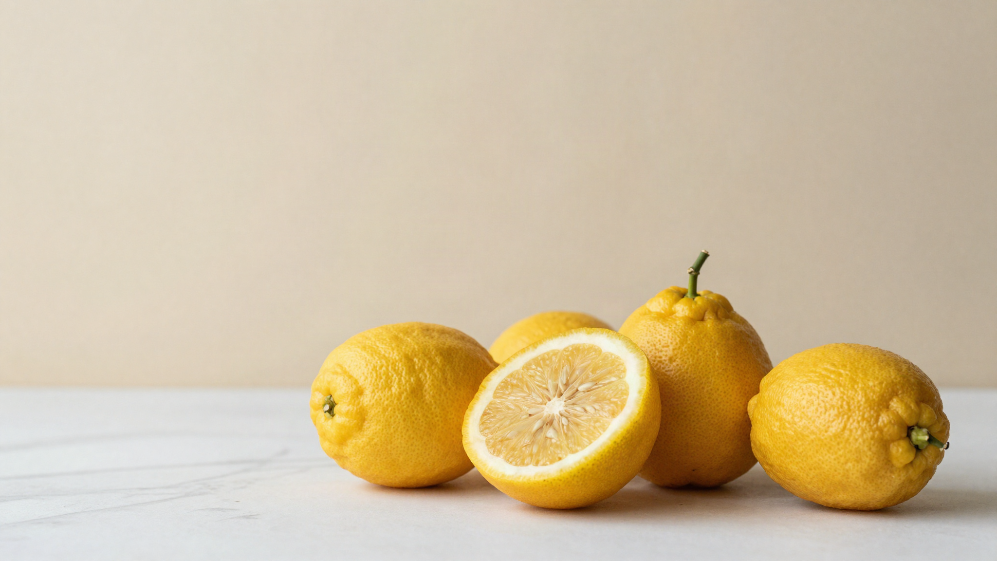 Whole and halved yuzu fruit on a white marble counter in soft daylight