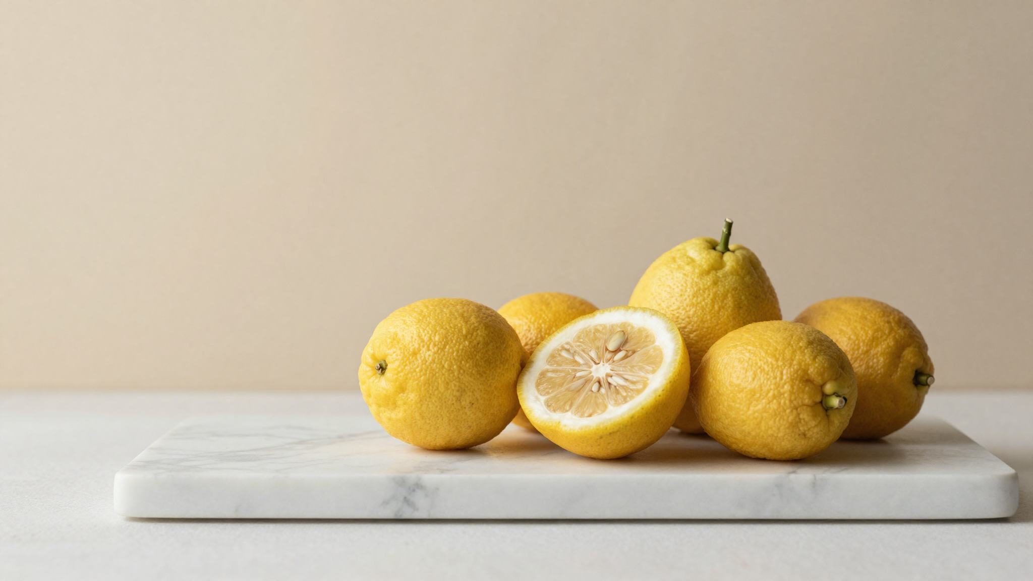 Fresh whole yuzu citrus fruits with bumpy yellow skin on white marble, one halved showing pale segments
