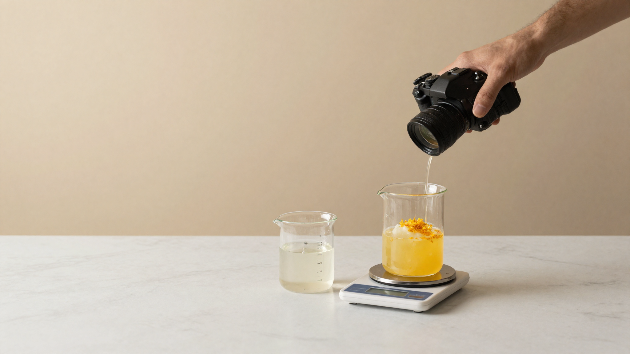 Yuzu juice and grated zest being measured on a small digital scale beside a beaker of sugar syrup in a gelato lab