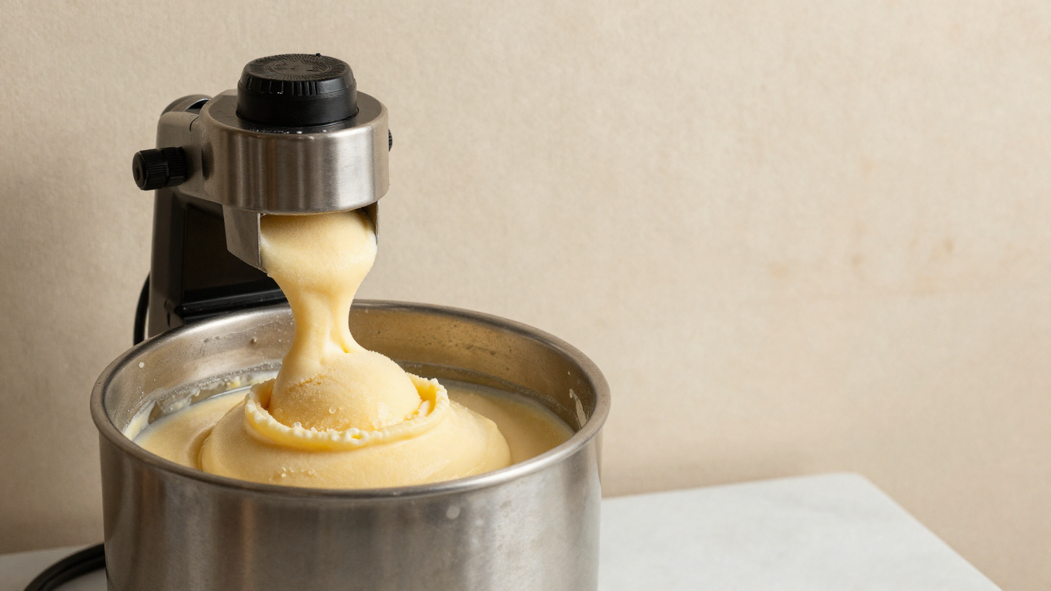 Pale yellow yuzu sorbet mix churning inside a stainless steel batch freezer mantecatore