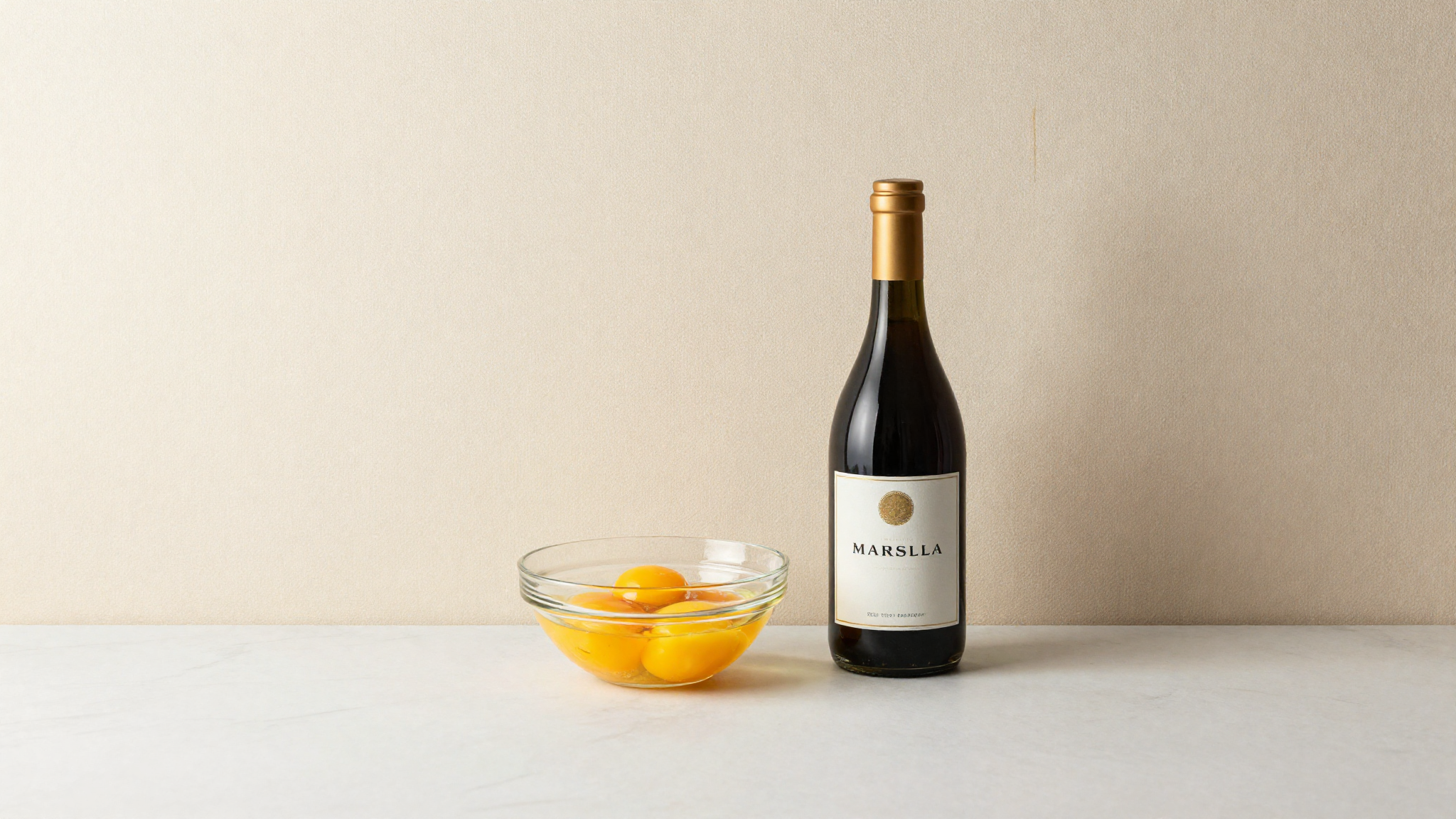 Fresh egg yolks in a glass bowl next to a bottle of Marsala wine on marble for zabaione preparation