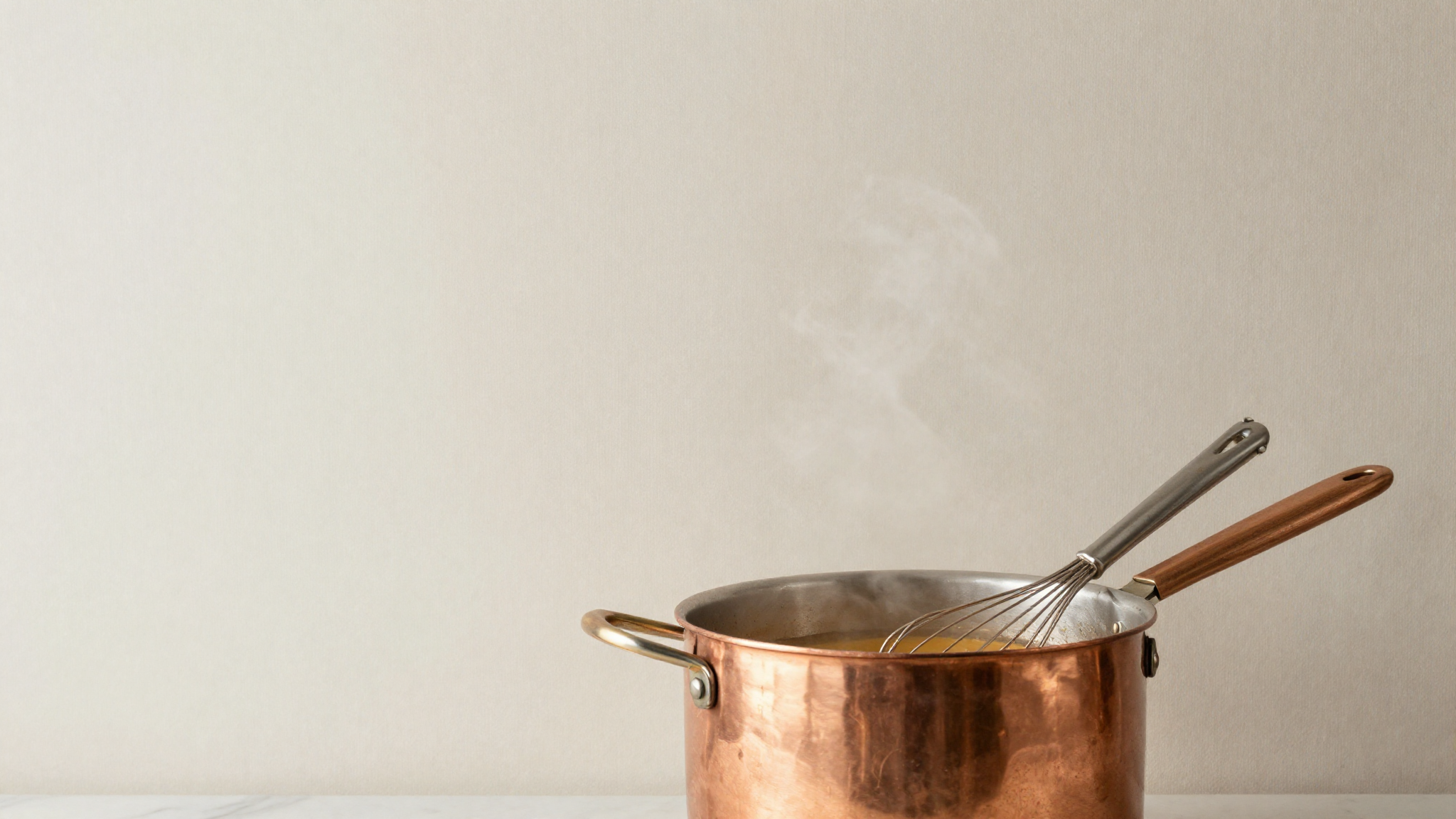 Copper sabayon pot whisking zabaione custard over a double boiler with steam rising