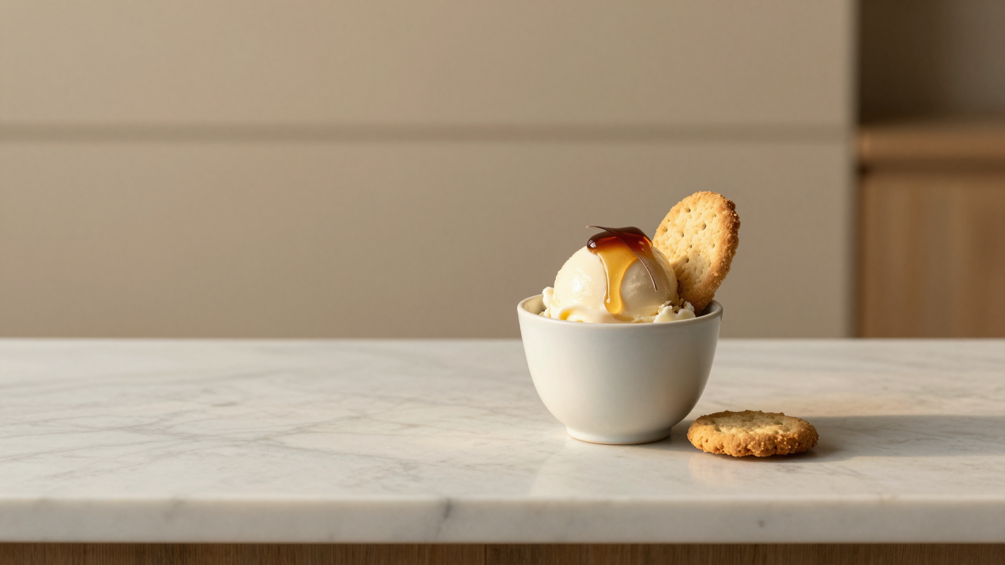 Finished plated zabaione gelato with a marsala ribbon and savoiardo biscuit on marble