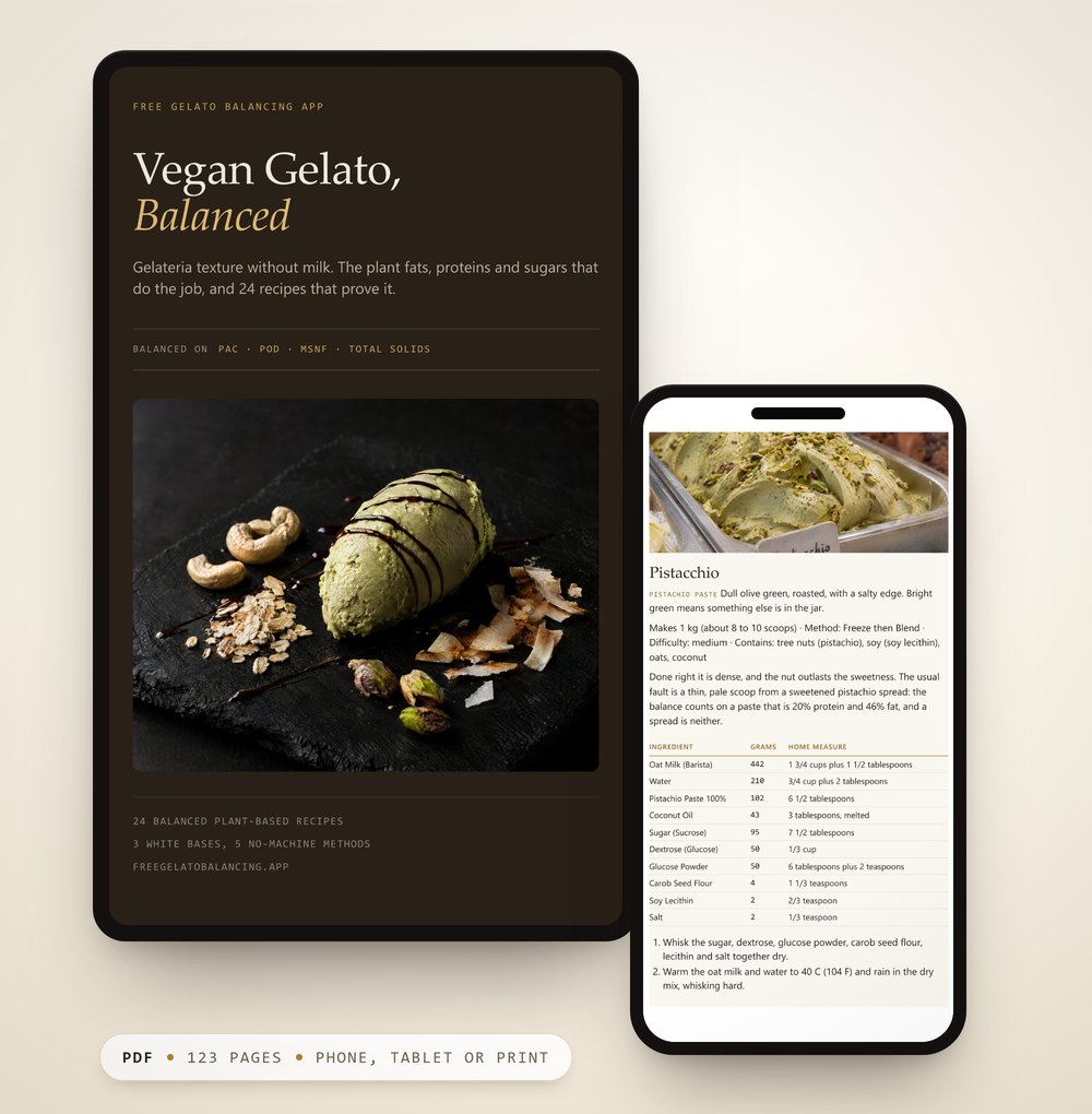 Vegan Gelato, Balanced, a PDF shown on a tablet and on a phone open at a recipe page.