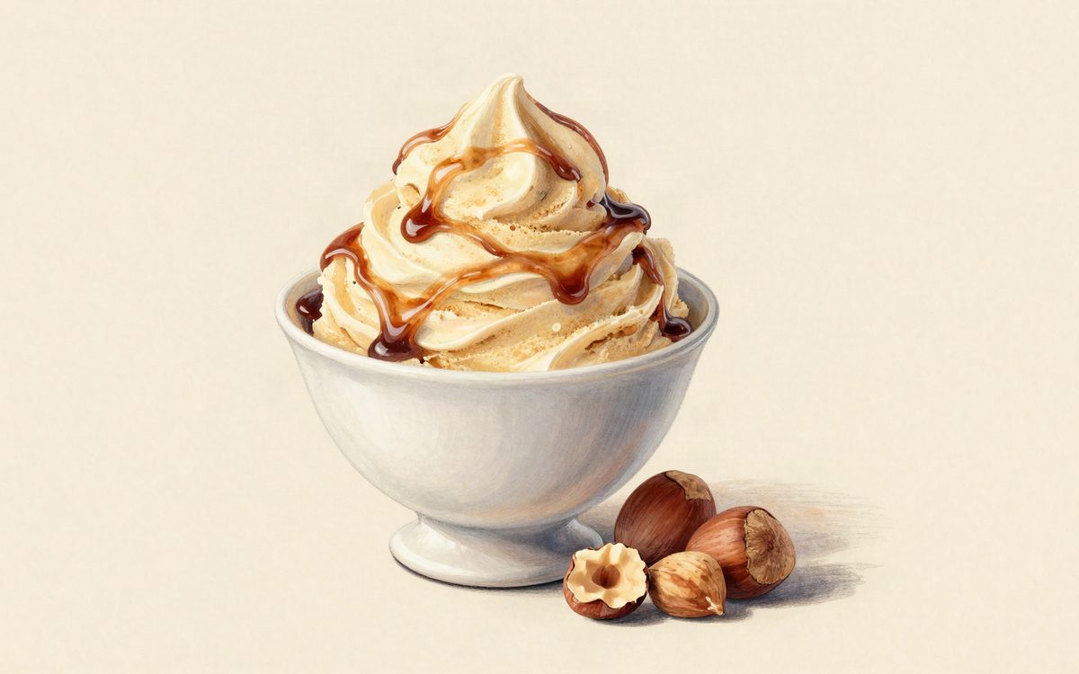 Hazelnut Variegato: pale cream with hazelnut brown ripples, a few whole hazelnuts, one cracked open